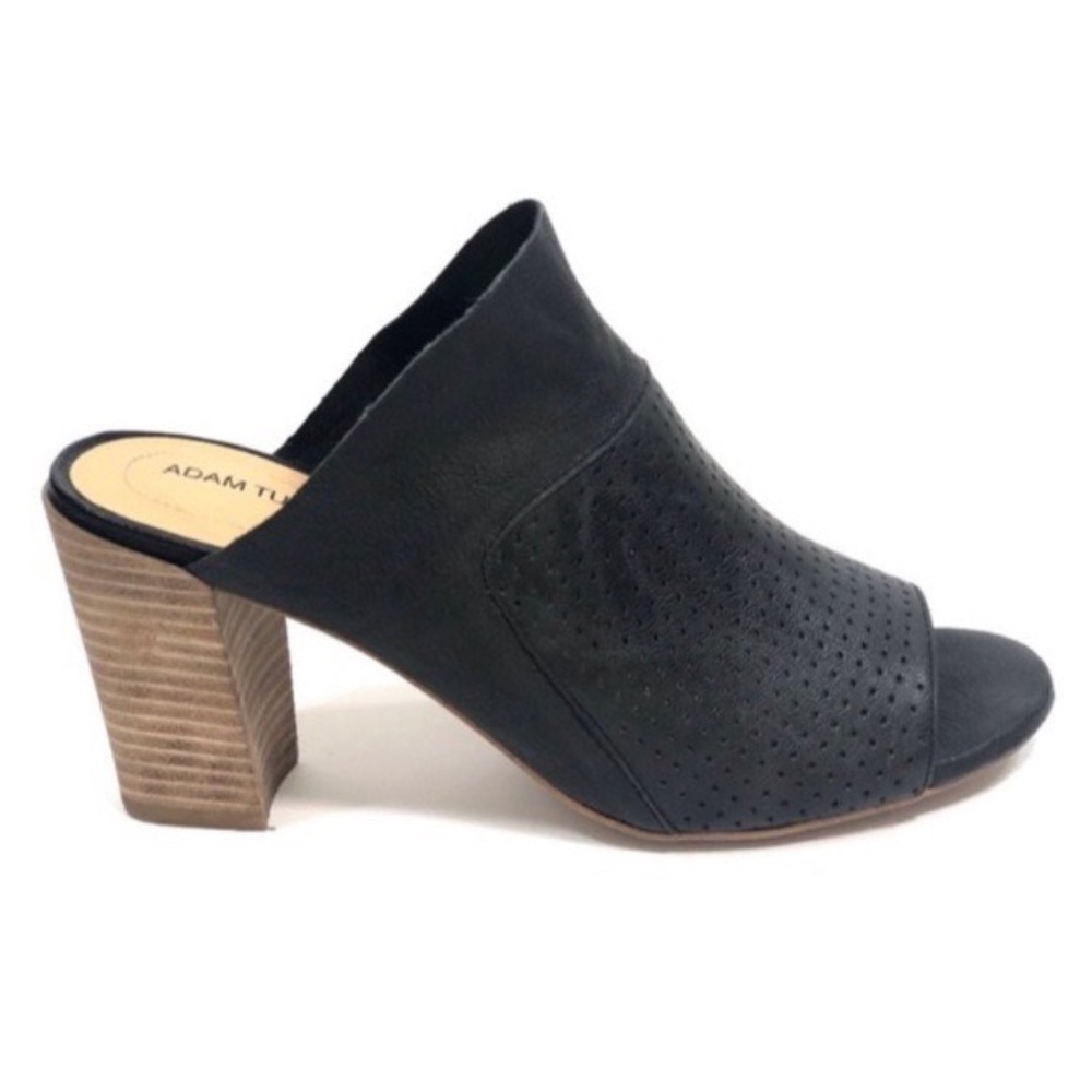 Adam Tucker Black Leather OpenToe Chunky Heel Mule